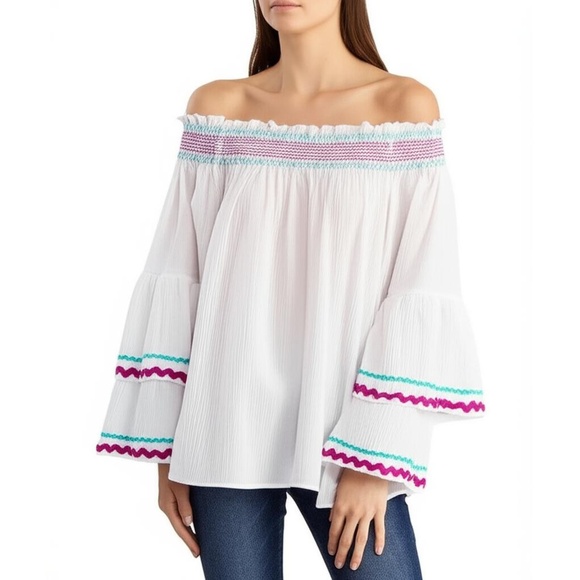 entro Tops - Entro Blouse S White Tiered Sleeve Off Shoulder Smocked Neck Crepe Boho Chic New